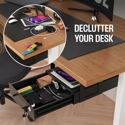 Under Desk Drawer Slide-Out – Lockable Metal Storage Drawers with Cable Management for Office & Home (Double, Bracketed)