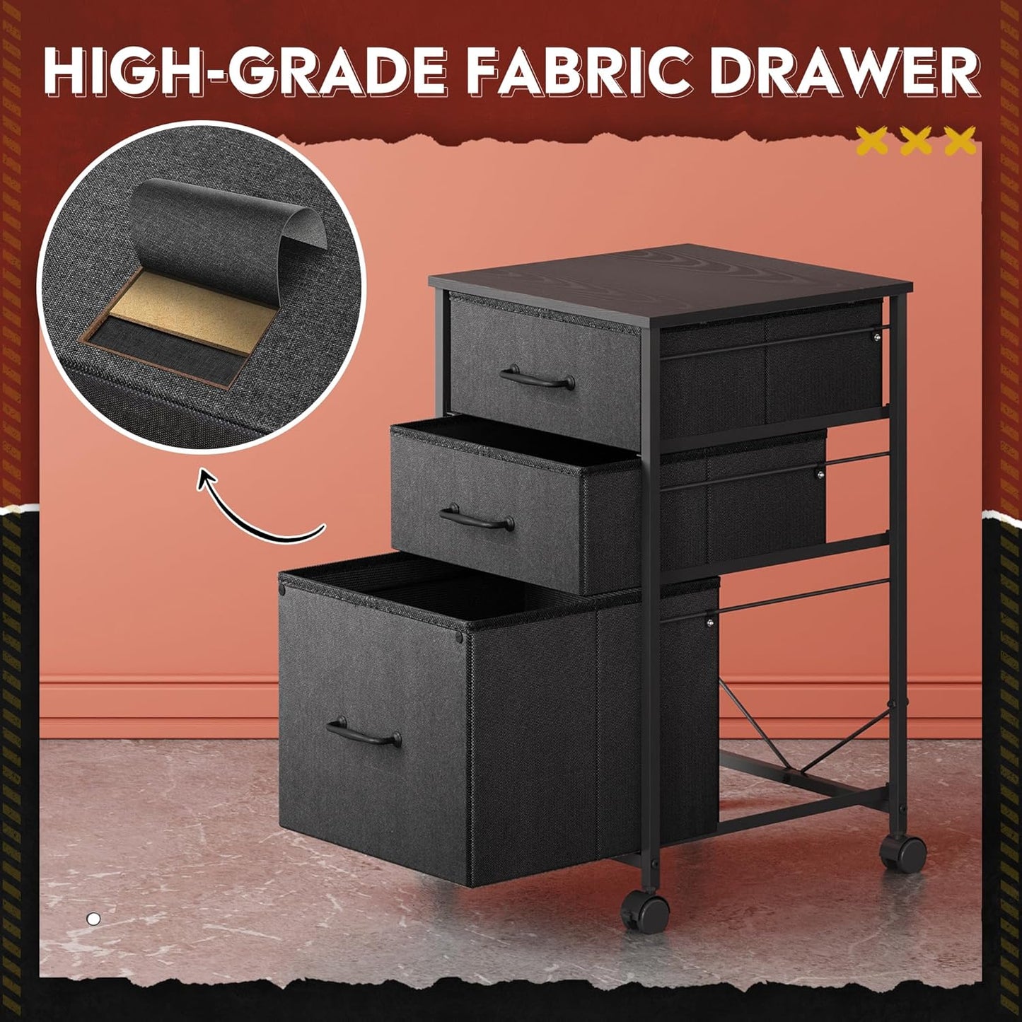 DEVAISE Mobile File Cabinet, Rolling Printer Stand with 3 Drawers, Fabric Vertical Filing Cabinet fits A4 or Letter Size for Home Office, Black