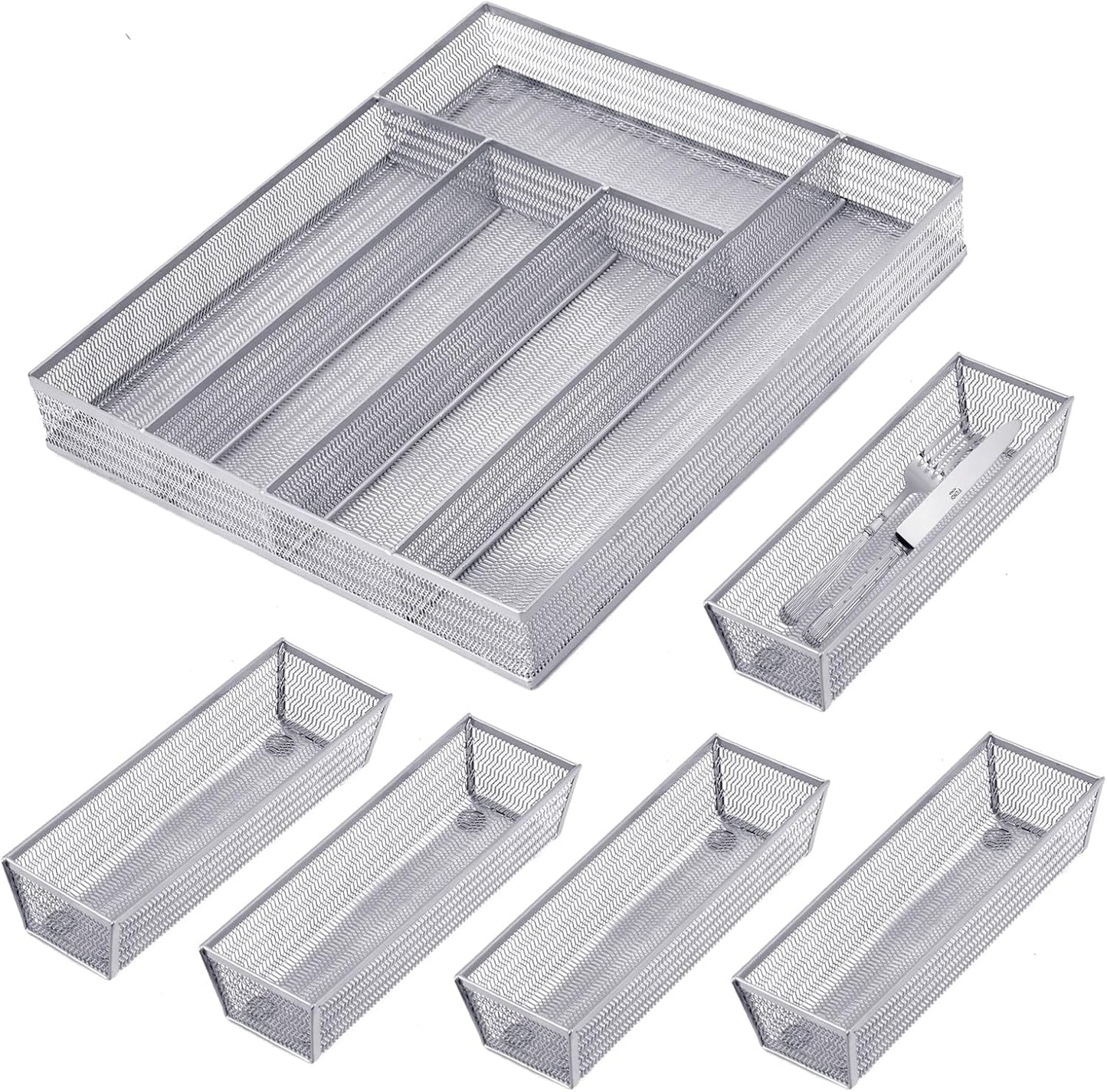 Neudeco Drawer Organizer Set 6 Pack - 5-Compartment Silverware Organizer Tray + 5 Utensil Trays, Kitchen Drawer Organizer for Flatware, Cutlery, Office Supplies, Black Mesh, Non-Slip.