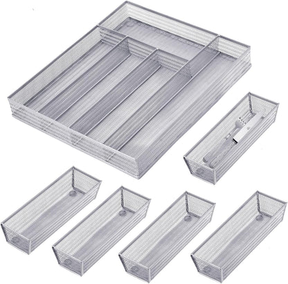 Neudeco Drawer Organizer Set 6 Pack - 5-Compartment Silverware Organizer Tray + 5 Utensil Trays, Kitchen Drawer Organizer for Flatware, Cutlery, Office Supplies, Black Mesh, Non-Slip.