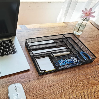 Metal Mesh Desk Drawer Organizer Tray, 6-Compartment Office Drawer Organizer for Pens Supplies, 12.6"x8.27"x1.57" Black