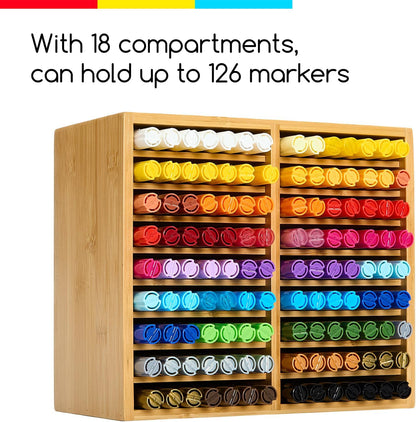 MEEDEN Bamboo Marker Organizer for Desk: Holds 224 Pens with 32 Compartments- Art Supply Storage & Holder for Alcohol Markers，Pens，Pencils