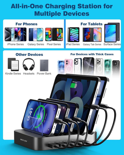 MSTJRY Charging Station for Multiple Devices : 5 Port Multi USB-A Charger Stations Multi-Device Organizer Charging Dock Designed for iPhone iPad Cell Phone Tablets (7 Short Cables Included)