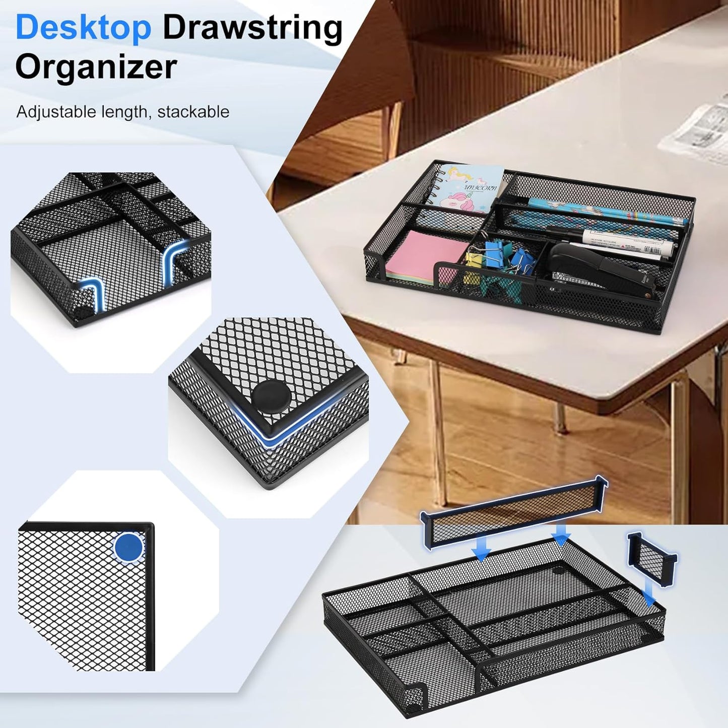 Desk Drawer Organizer, 2 Pack Junk Drawer Organizer Tray with 2 Adjustable Compartments, Desktop Metal Mesh Office Desk Organizer, Multifunction Pen Organizer Set for Office School Makeup Supplies (2)