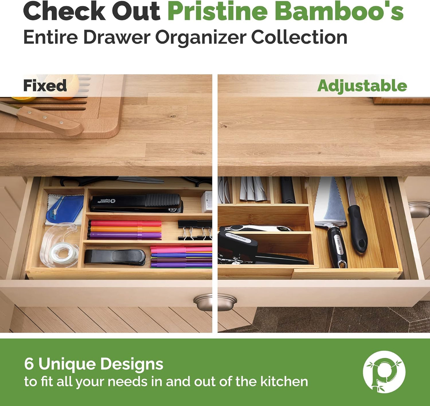 Pristine Bamboo Expandable Drawer Organizers for Kitchen - Extra Deep Non-Slip 17” x 14.6” (expands up to 25 inches) - Dark Wooden Silverware Divider (10 Compartments) – Organize Cooking Utensils