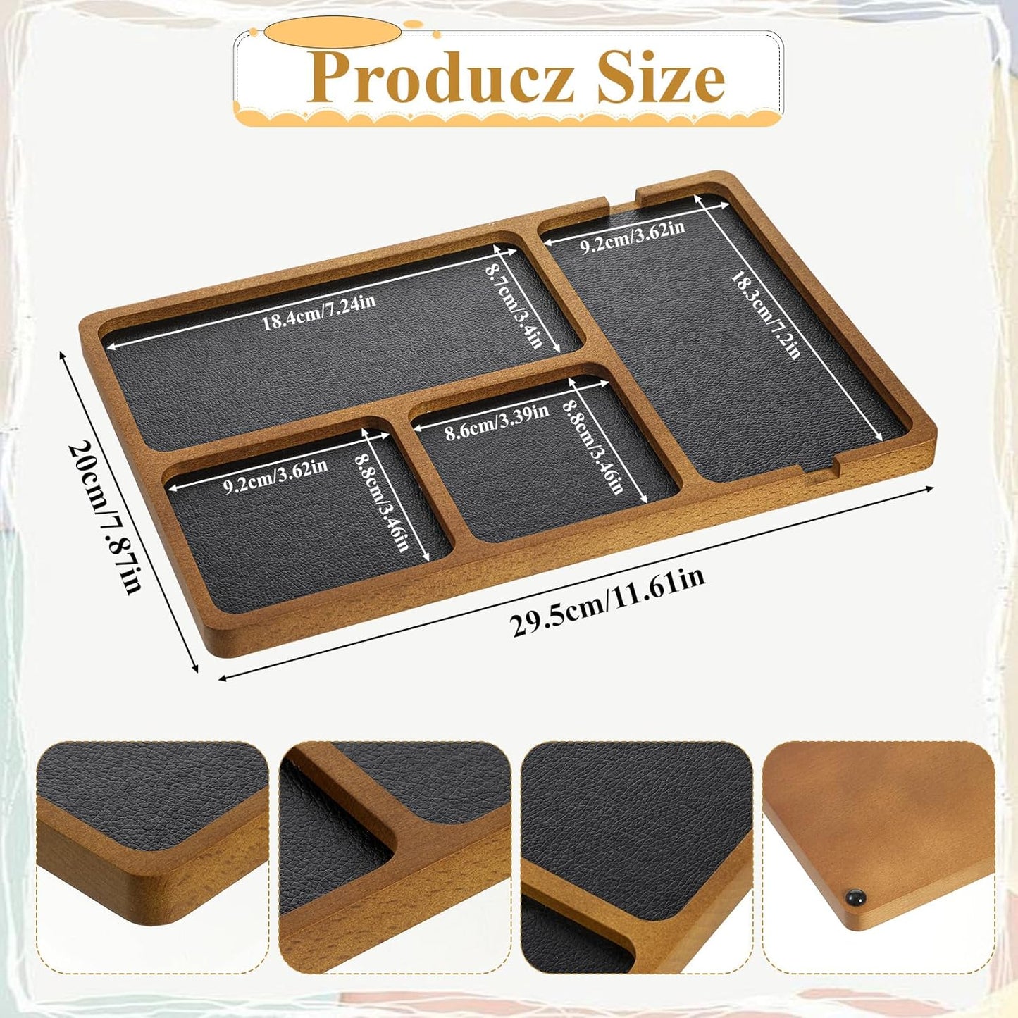 Walnut Wooden Valet Tray for Men, PU Leather Inlay Nightstand Organizer, Bedside Table Tray with Cable Slot for Keys, Phone, Watch, Jewelry