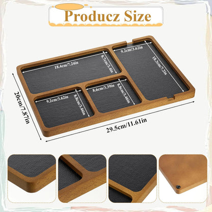 Walnut Wooden Valet Tray for Men, PU Leather Inlay Nightstand Organizer, Bedside Table Tray with Cable Slot for Keys, Phone, Watch, Jewelry