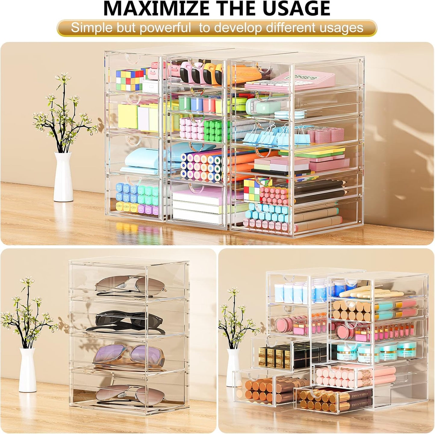 YFXCVSL Acrylic Makeup Organizer with 19 Drawers, 4 Pack Clear Storage Drawers, Bathroom Makeup Organizer for Palettes, Cosmetic, and Beauty Supplies,Ideal for Vanity, Cabinet,Desk Organization
