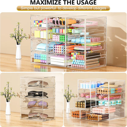 YFXCVSL Acrylic Makeup Organizer with 19 Drawers, 4 Pack Clear Storage Drawers, Bathroom Makeup Organizer for Palettes, Cosmetic, and Beauty Supplies,Ideal for Vanity, Cabinet,Desk Organization