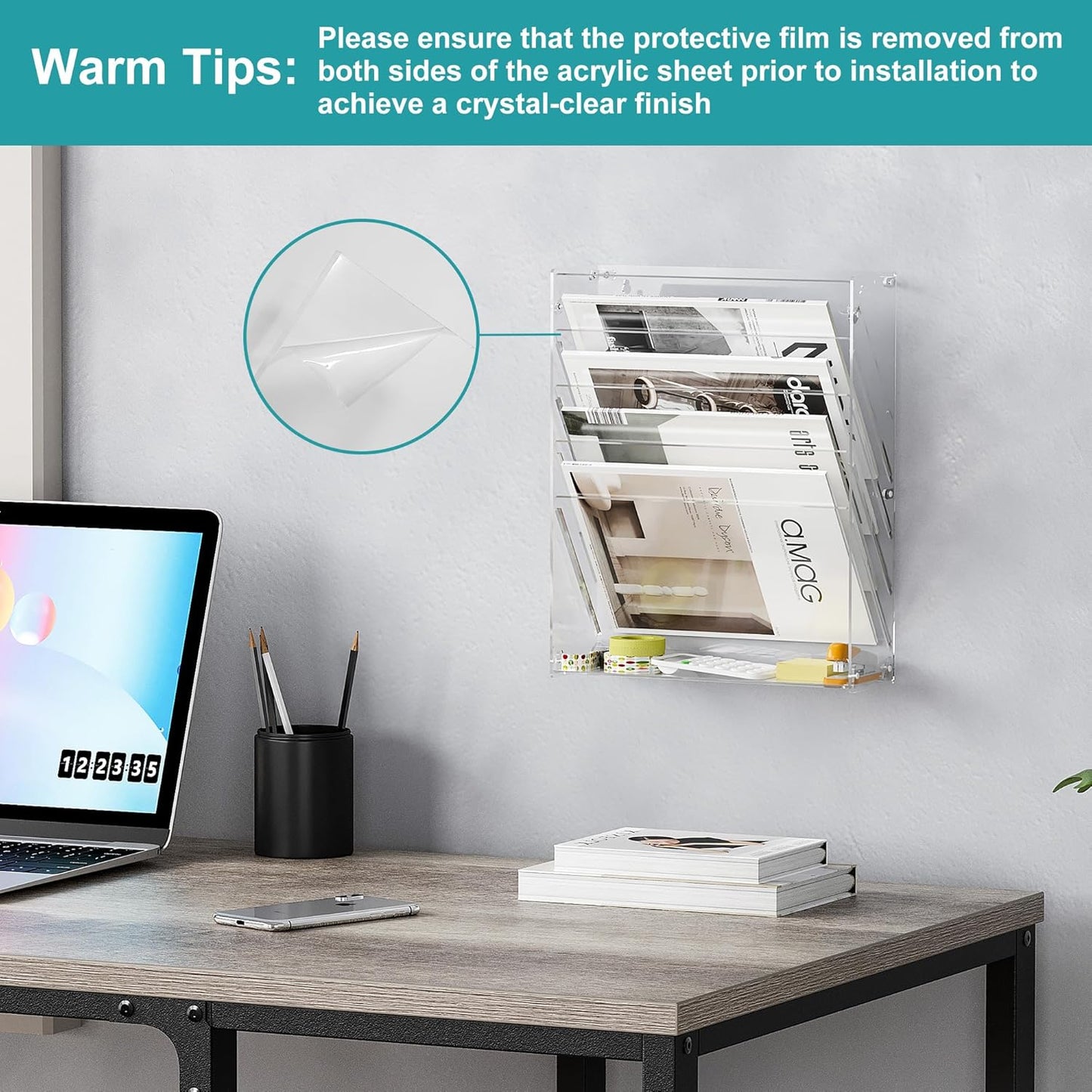 Clear Desk File Holder, 5 Tier Acrylic Hanging Wall File Mail Document Organizer, Vertical Paper Organizer, Magazine Newspaper Rack for Office, Home, Classroom