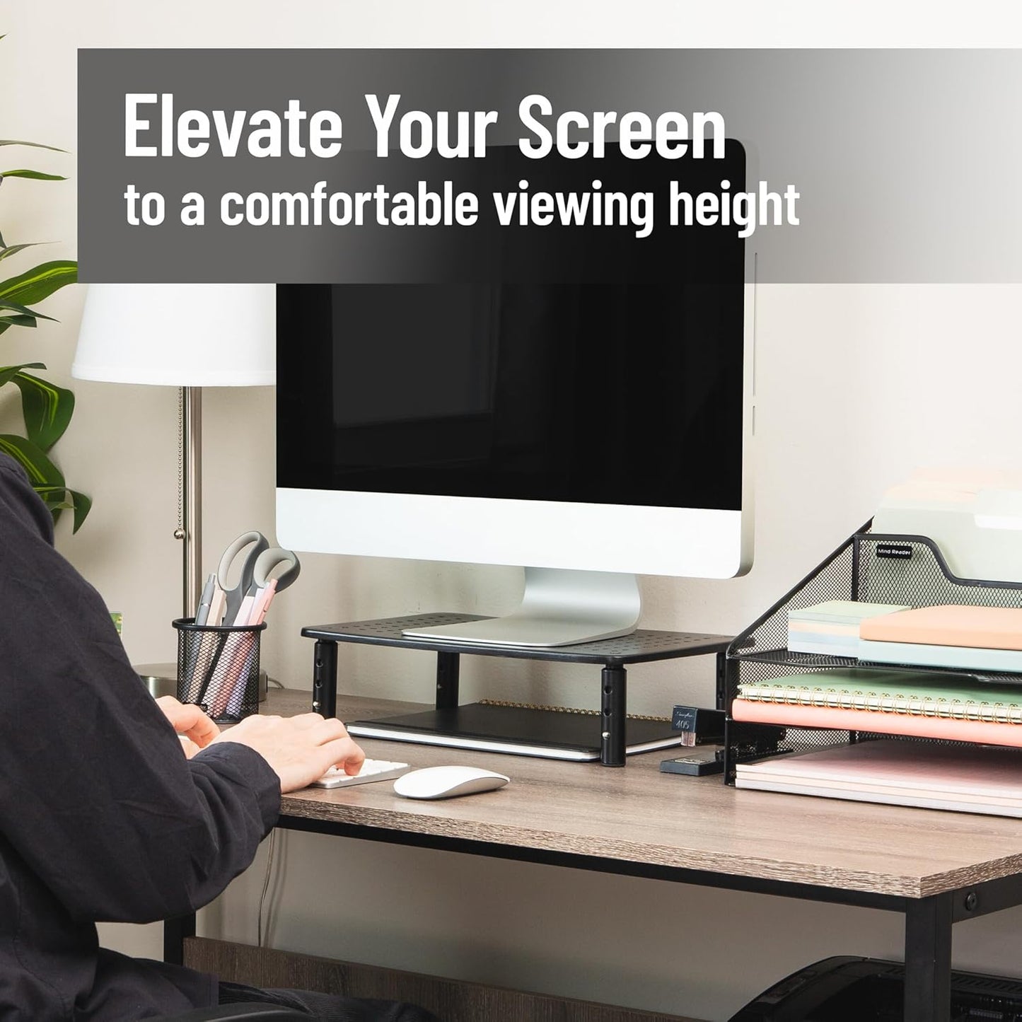 Mind Reader Monitor Stand, Height Adjustable, Ventilated Laptop Riser, Office, Metal, 14.5"L x 9.25"W x 5.5"H, Black