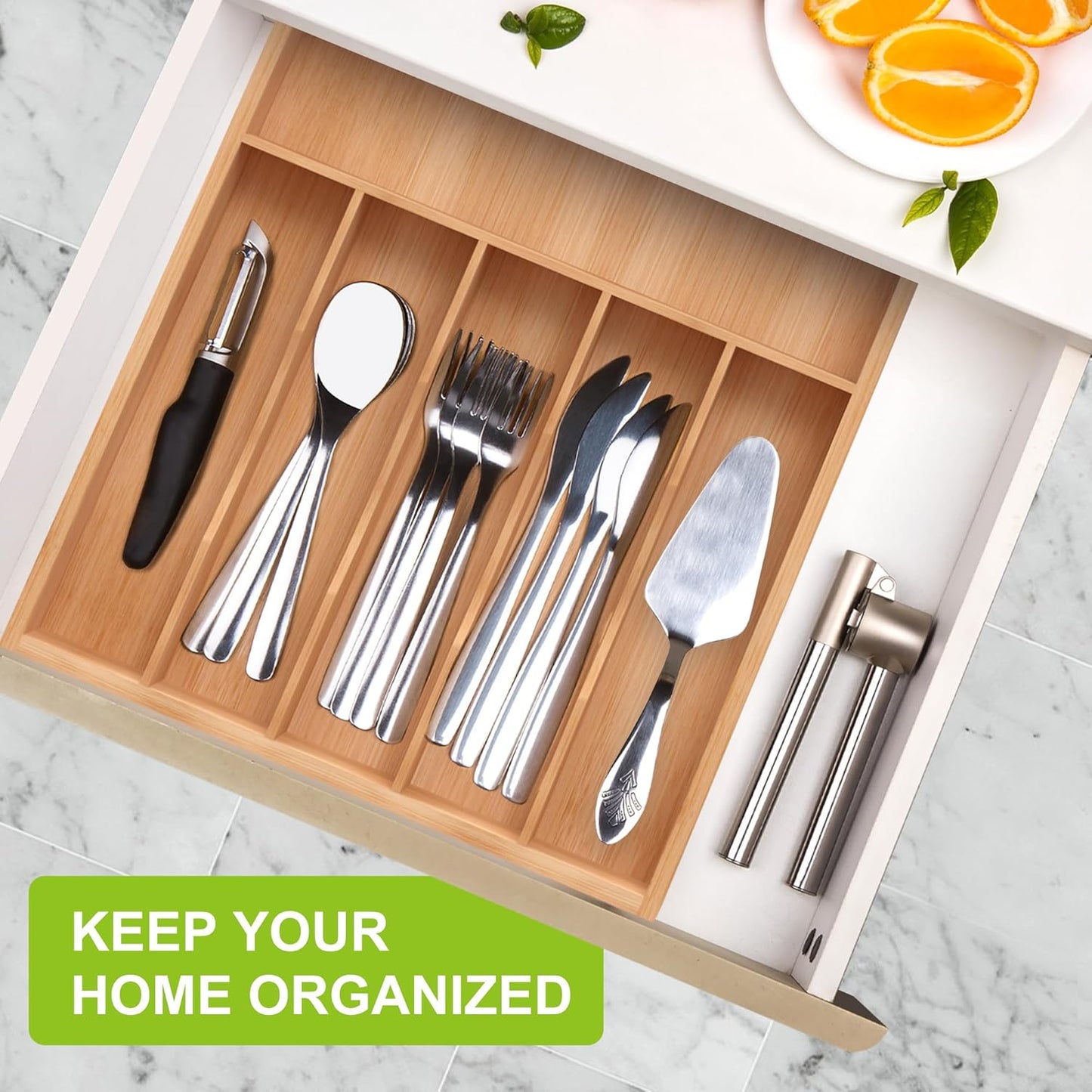 Unibambou Bamboo Utensil Drawer Organizer, Silverware Tray Organizer, Kitchen Drawer Organizer for Flatware Cutlery, (Natural, 3 Slots)