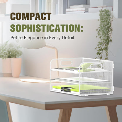 DALTACK 3 Tier Paper Organizer with Handle, Mesh Metal Desk Organizer with Sliding Paper Trays for Letter/A4 Paper, Mail, Bills & Folders, Black
