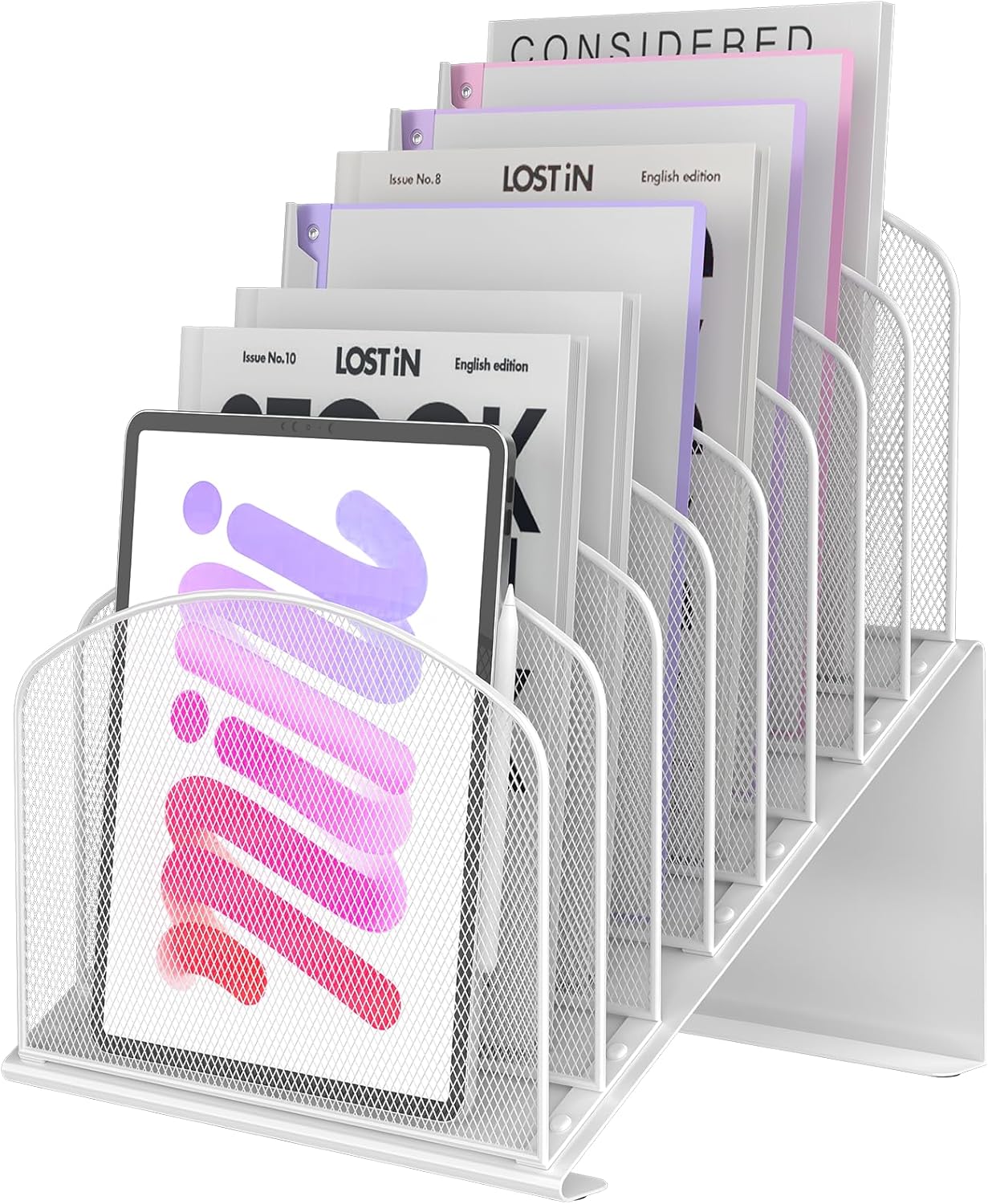 Inclined Desk File Organizer Metal Desk Magazine Folder Holder with 8-Section Vertical Compartments Rack File Organizer for Office, Home, School, Black