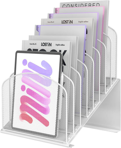 Inclined Desk File Organizer Metal Desk Magazine Folder Holder with 8-Section Vertical Compartments Rack File Organizer for Office, Home, School, Black