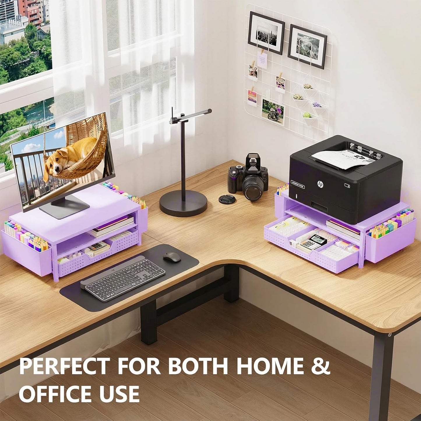 OPNICE Desk Organizers and Accessories, Computer Monitor Stand Riser with Drawer and 2 Pen Holders, Printer & Laptop Stand, Office Desk Accessories & Workspace Organizers for Home Office Supplies, Black