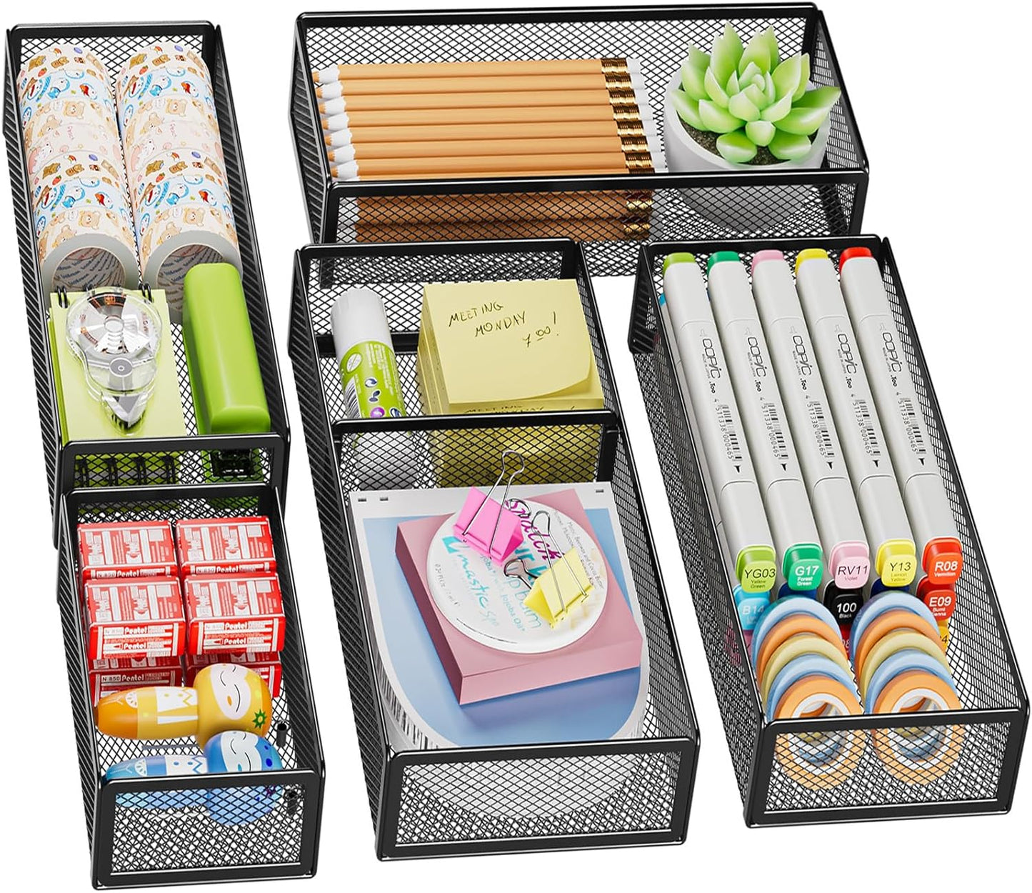 Marbrasse 5 Pack Desk Drawer Organizer Set, Mesh Drawer Storage Trays with 1 Adjustable Divider, Desk Organizers and Accessories, 5 PCS Drawer for Office Supplies, Makeup & Vanity (Black)