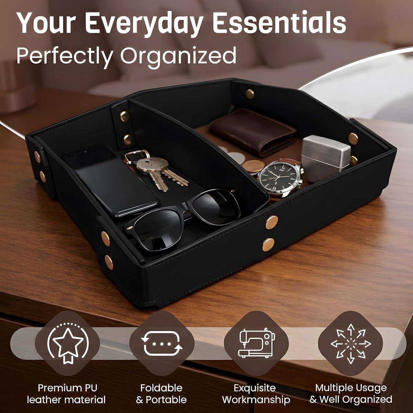 Valet Tray Organizer for Men & Women - PU Leather Catch All Tray with Removable Divider - EDC Storage for Keys, Watch, Phone - Nightstand, Dresser & Desk Organizer - Pacific Navy