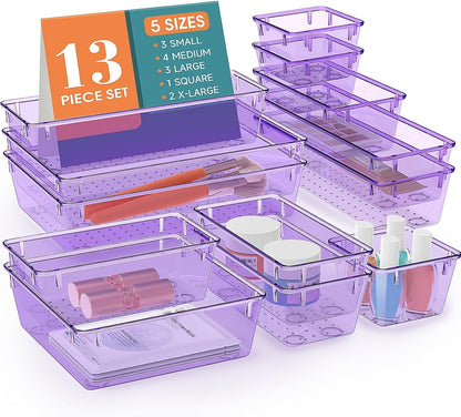 StorMiracle 16 PCS Drawer Organizer Set, 5 Varied Size Bathroom and kitchen Drawer cabinet organizer Trays, Clear Storage Bins for Makeup, Jewelry, Utensils and Gadgets