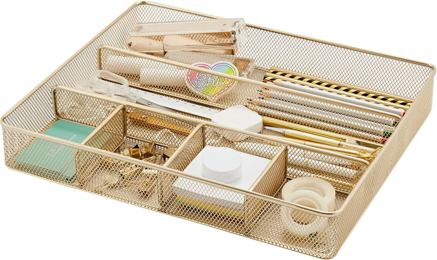 Annova Desk Drawer Organizer Tray for Office Organization - Metal Mesh - Storage Tray with Dividers for Pens, Desktop Accessories, Bathroom, Kitchen, Makeup and Office Supplies (Small, Gold)