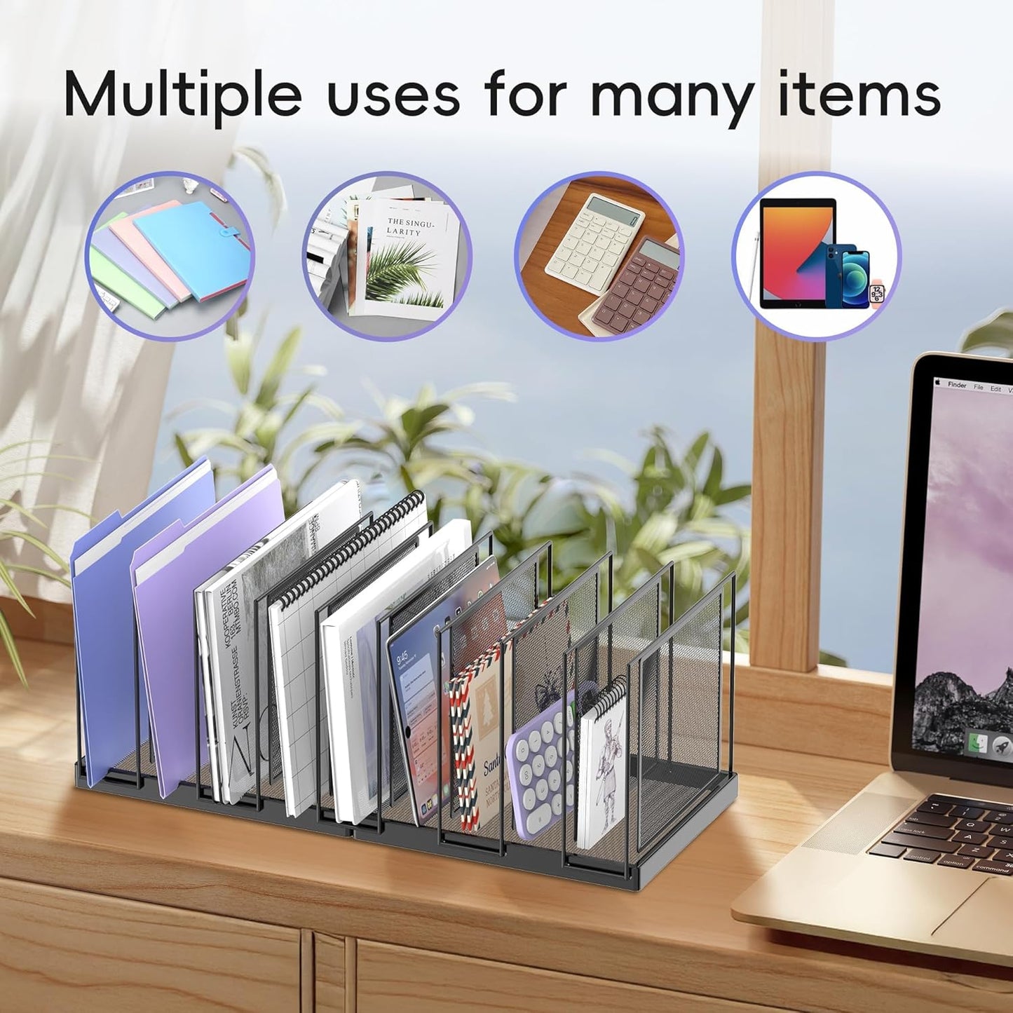 File Organizer for Desk, 5-Section Vertical File Sorter, Paper Holder Organizer Standing Metal File Folder for Office Home Classroom, Black