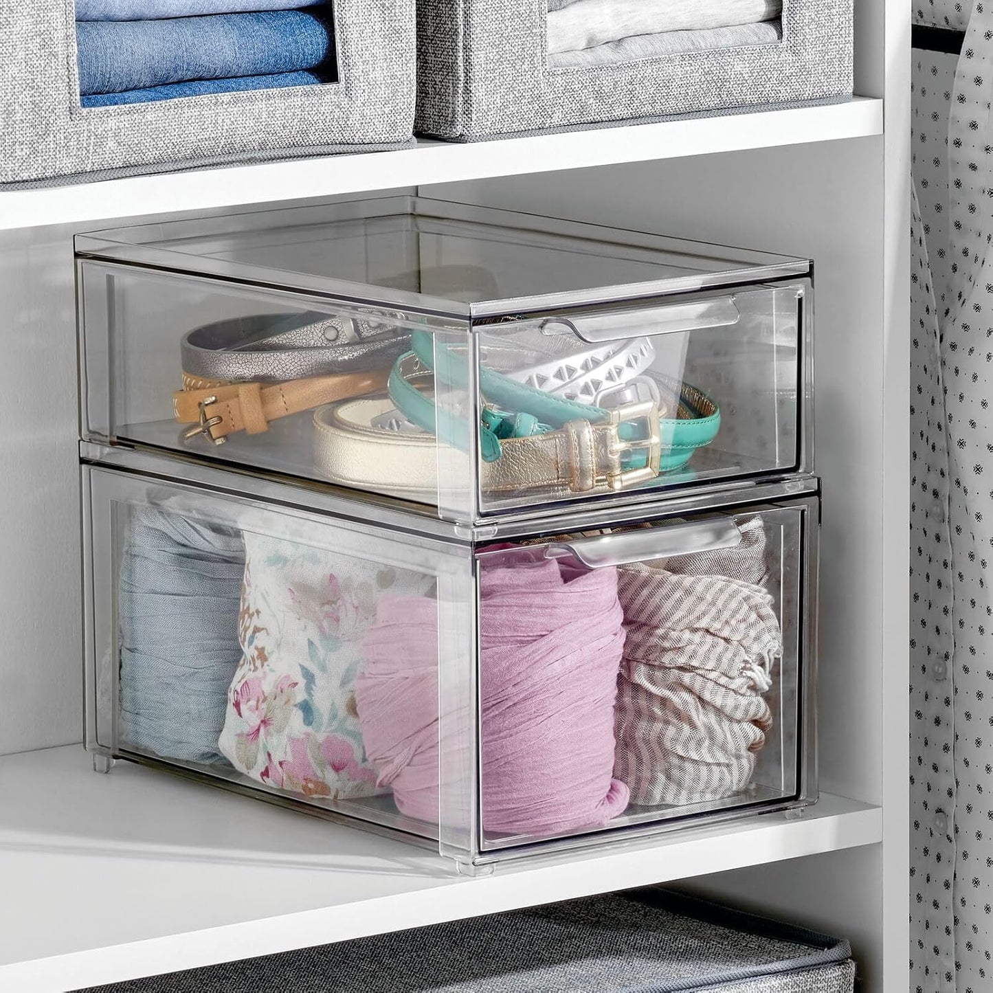 mDesign Plastic Stackable Closet Storage Organizer Bin Containers with Front Pull Drawer for Cabinet, Desk, Shelf, Cupboard, or Dresser Organization - Lumiere Collection - Clear