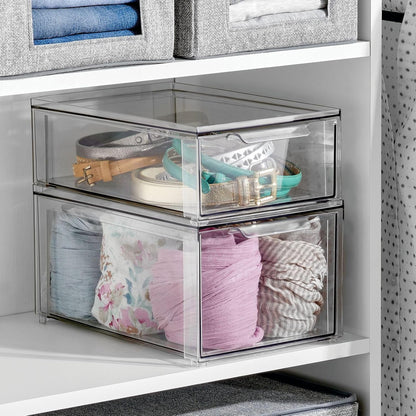 mDesign Plastic Stackable Closet Storage Organizer Bin Containers with Front Pull Drawer for Cabinet, Desk, Shelf, Cupboard, or Dresser Organization - Lumiere Collection - Clear