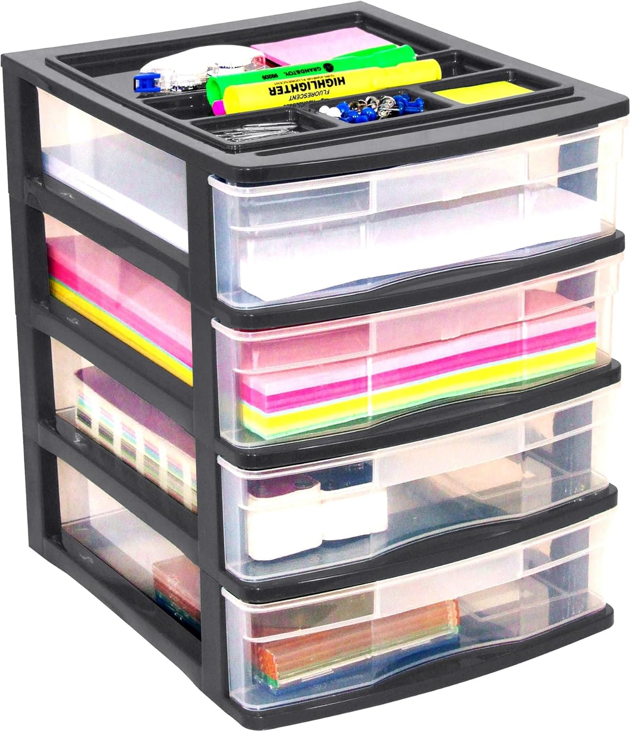 Gracious Living 4 Drawer Desktop & Countertop Organizer w/Organization Lid for Craft Storage, Office Supplies & School Supplies, Black/Clear (2 Pack)