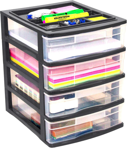 Gracious Living 4 Drawer Desktop & Countertop Organizer w/Organization Lid for Craft Storage, Office Supplies & School Supplies, Black/Clear (2 Pack)