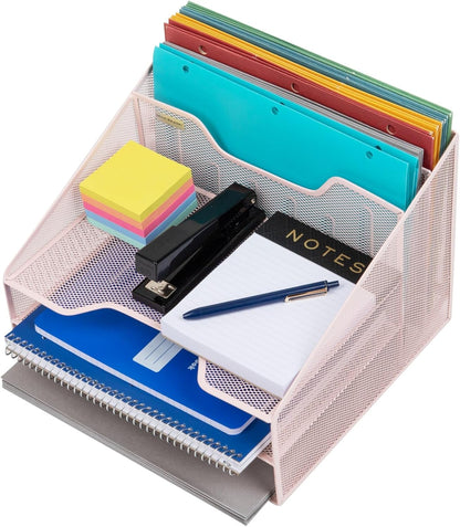 Mind Reader Metal Mesh Desktop File Organizer, 3-Tier Paper Tray with 5 Compartments, Office Mail Sorter, White
