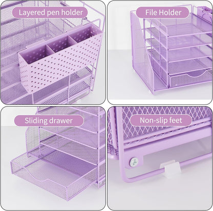 Desk Organizer with Drawer and Pen Holder, 5-Tier Paper Letter Tray Organizer with File Holder, Suitable for Workspace Organizer Office Supplies Storage (Black)