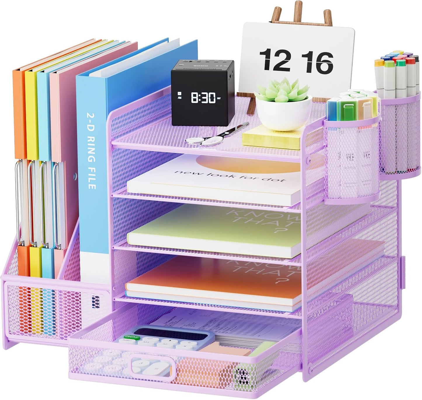 Marbrasse Desk Organizer with File Holder, 5-Tier Paper Letter Tray Organizer with Drawer and 2 Pen Holder, Mesh Desktop Organizer and Storage with Magazine Holder for Office Supplies(Black)