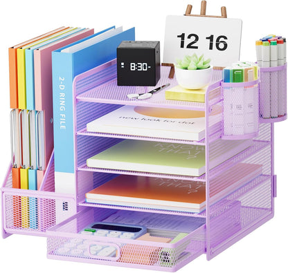 Marbrasse Desk Organizer with File Holder, 5-Tier Paper Letter Tray Organizer with Drawer and 2 Pen Holder, Mesh Desktop Organizer and Storage with Magazine Holder for Office Supplies(Black)