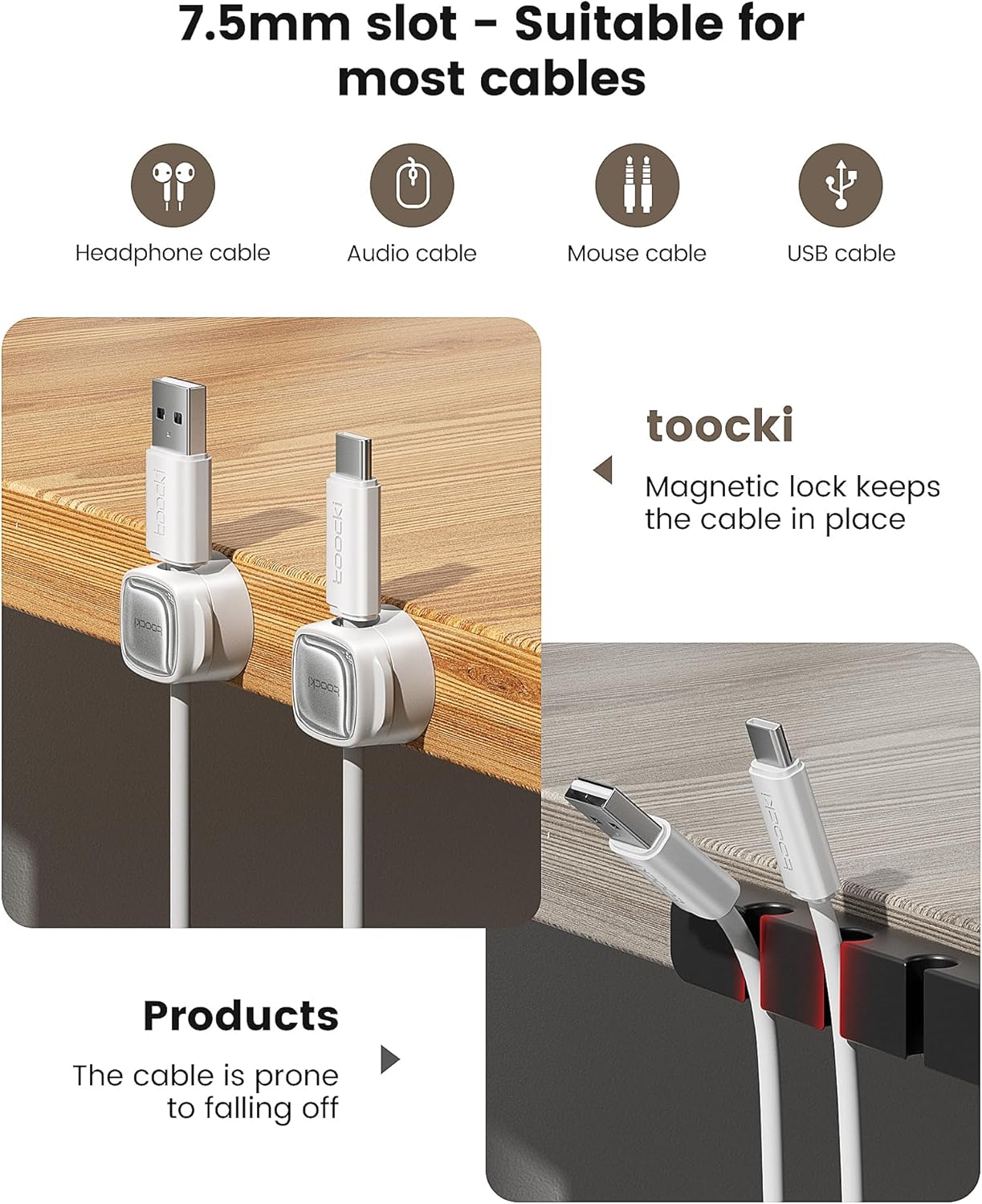 6 Pack Magnetic Cable Clips – Cord Organizer & Holder, Toocki Adhesive Cable Management, Wire Holder for USB Charging Cables, Ideal for Home, Office, Car, Desk, and Nightstand-Purple