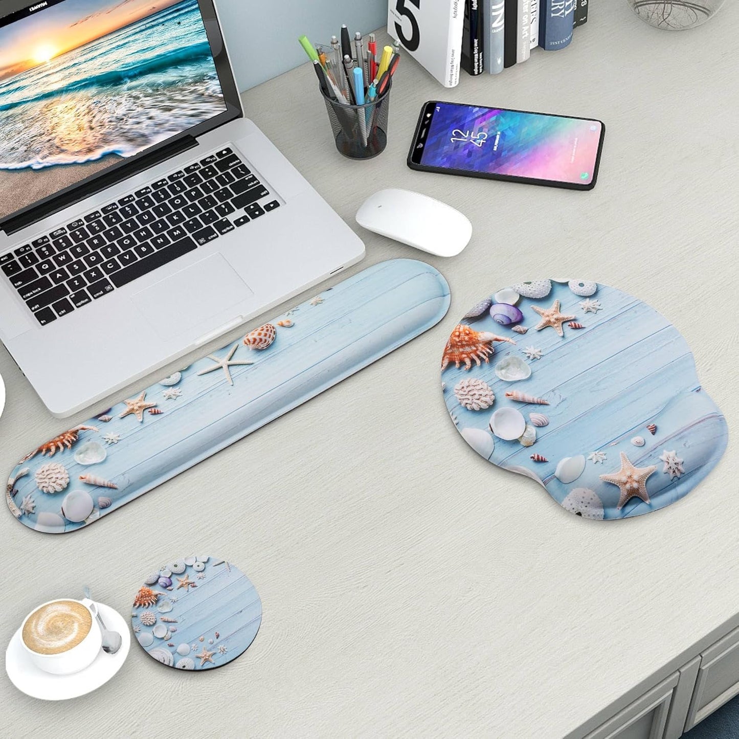 Mouse Pad and Keyboard Wrist Rest Support, with Non-Slip PU Base,Gel Mouse Pad with Coaster,Pain Relief for Gaming, Computer,Office -Beach