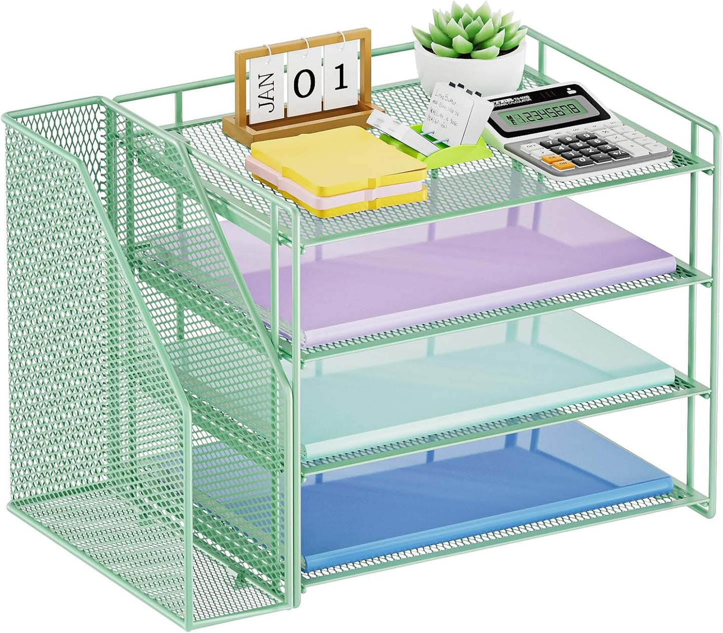 Marbrasse Desk Organizer and Accessories，4-Tier Paper Letter Tray Organizer with File Holder，Desk Accessories & Workspace Desktop Organizers for School Home Office Supplies (Blue)