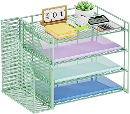 Marbrasse Desk Organizer and Accessories，4-Tier Paper Letter Tray Organizer with File Holder，Desk Accessories & Workspace Desktop Organizers for School Home Office Supplies (Blue)