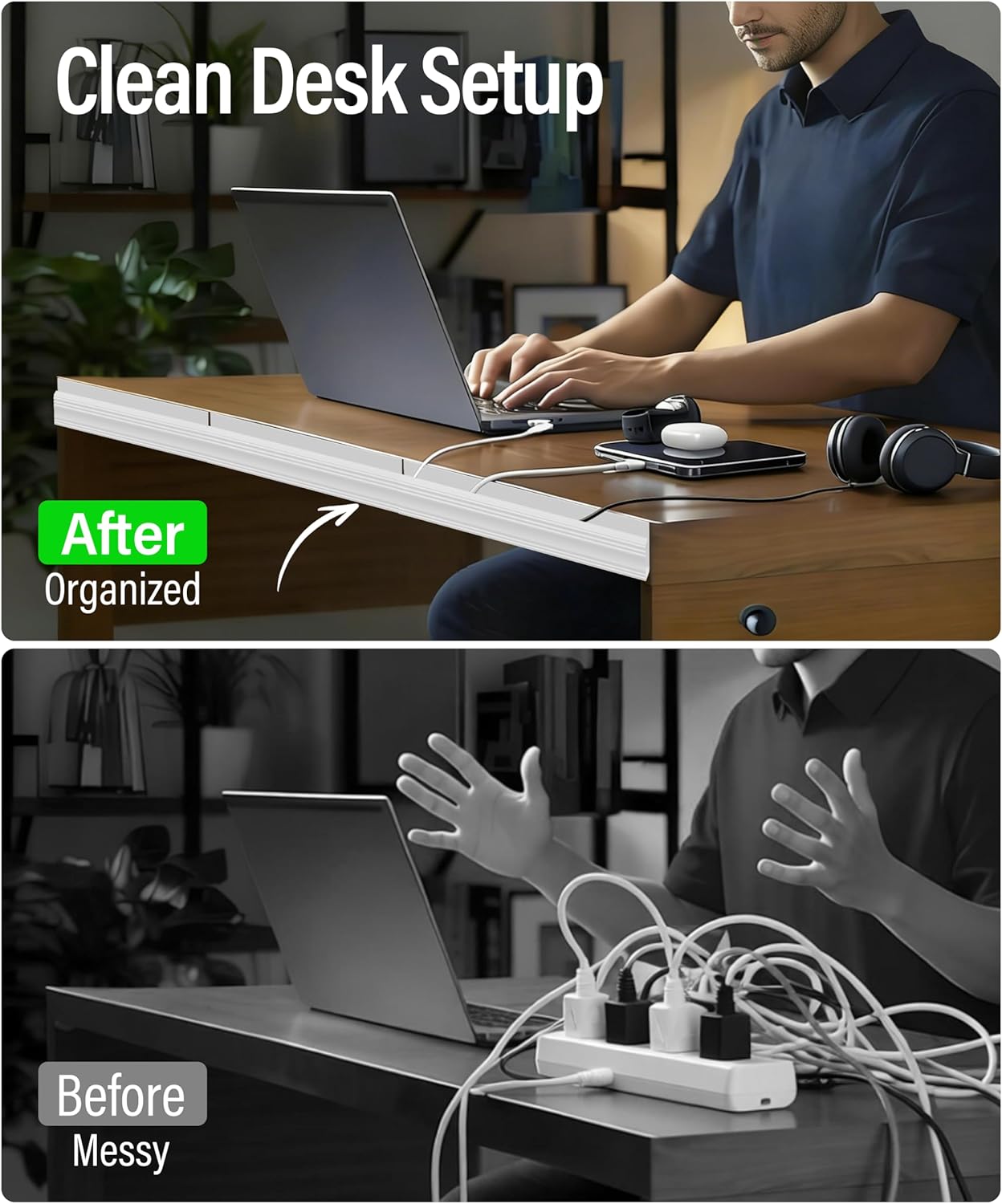 6 Pack Under Desk Cable Management Kit, J Channel Cable Raceway with Double Side Tape, Cord Organizer Tray for Desk, Easy Install, No Drilling, Cable Hider for Home & Office, Child & Pet Proof