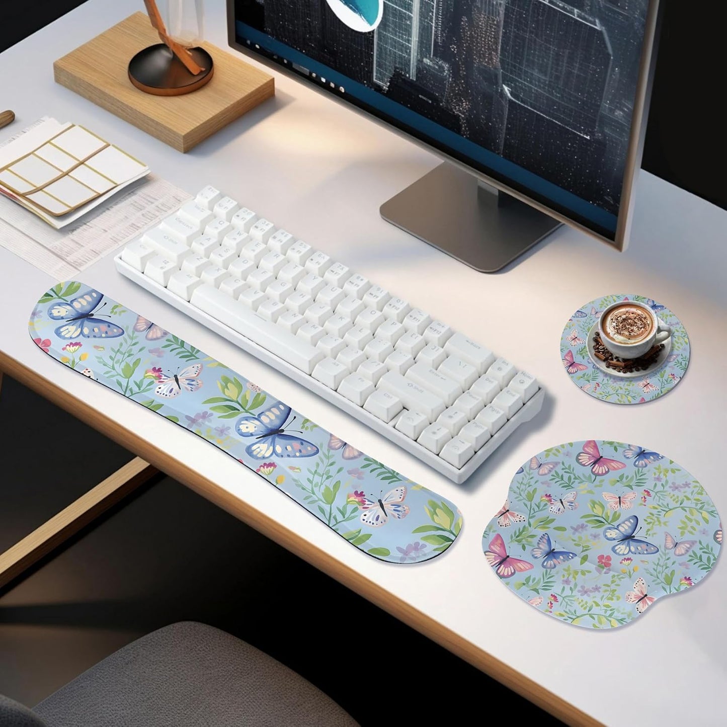 Ergonomic Keyboard Mouse Pad Wrist Rest Support Set for Laptop/Computer/Desktop,Memory Foam Hand Rest Wrist Cushion for Gaming/Office,Lightweight Comfortable & Pain Relief (Flowers)