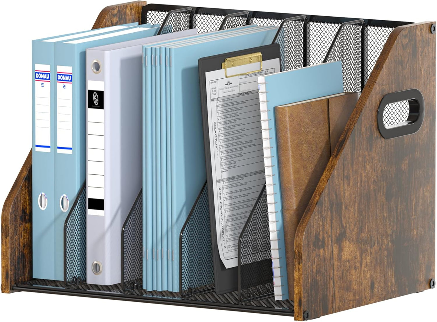 Piskyet Binder Organizer for Desk,Wooden Desk Magazine File Holder with 5 Vertical Compartments Rack File Organizer for Teacher Office Desktop,Home Workspace