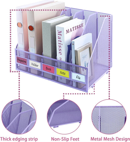 Desk Organizers, Metal Magazine File Holder with 5 Vertical Compartments Rack Binder File Organizer for Office Supplies, Home Workspace - Black