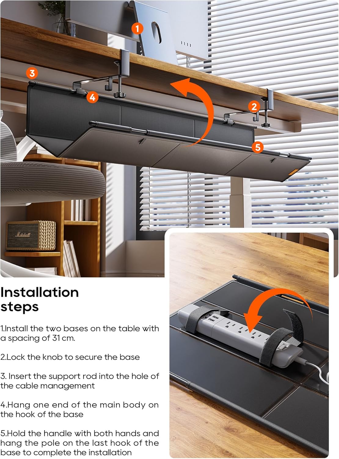 Under Desk Cable Management Tray No Drill, Cable Ties Included, Eco-Friendly Canvas Material, Mesh Design for Heat Dissipation, Cable Organizer/Storage for Standing Desk(27inch, Black)