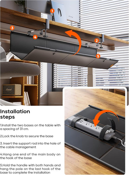 Under Desk Cable Management Tray No Drill, Cable Ties Included, Eco-Friendly Canvas Material, Mesh Design for Heat Dissipation, Cable Organizer/Storage for Standing Desk(27inch, Black)