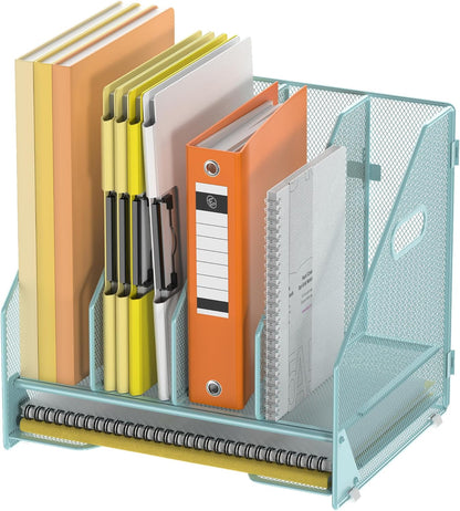 Docnest Desk File Holder Sorter, 4 Vertical Compartments Rack with Letter Tray, Mesh Magazine File Holder with Handle,Workspace Organizers,Desk Organizers for Paper, Mail, Documents-Black
