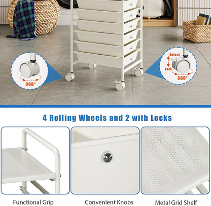 4-Tier Utility Cart with 4 Drawers, Rolling Utility Cart with 2 Lockable Caster Wheels, Multipurpose Mobile Rolling Drawer Cart for Office Bathroom Kitchen, Ivory White