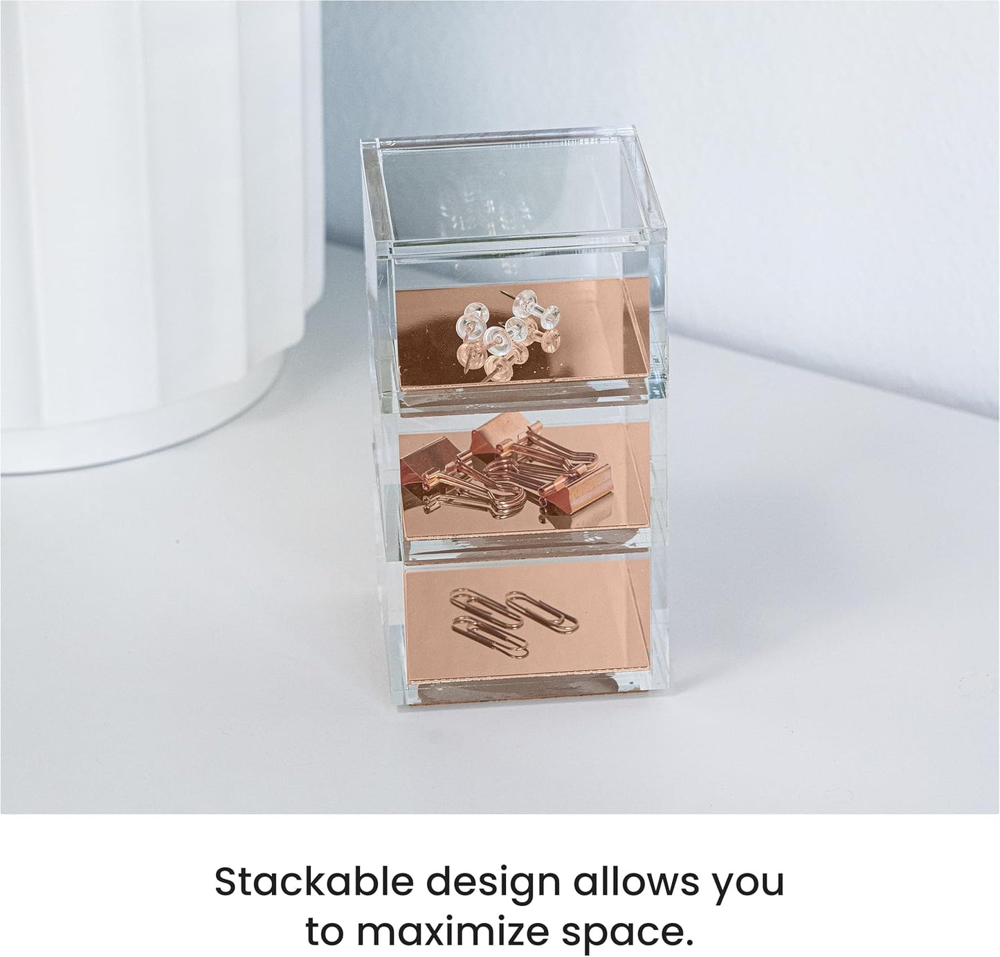 OfficeGoods 3-Tier Stackable Acrylic Holder- Stylish Desk Organizer and Storage for Office or Home – Transparent Round Design with Gold Metal Base