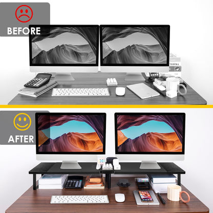 Across-Star Dual-Monitor-Stand-Riser-For-Desk Adjustable Length 32-40 Inch，Large Desktop Computer Monitor Riser For 2 Screens，Desk Shelf Organizer Riser Stand For Computer/Laptop/PC/Printer/TV Black