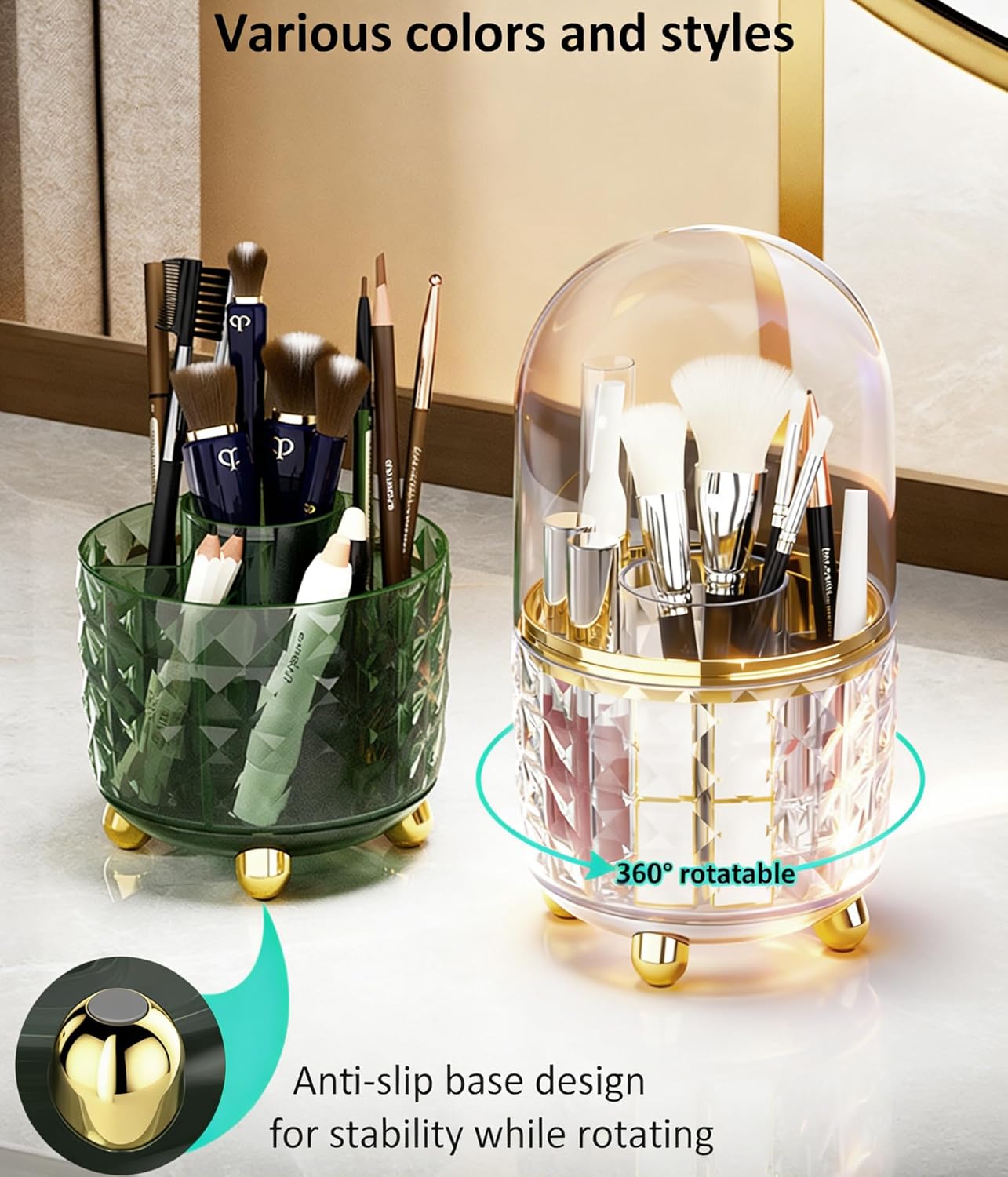 GOTOBA Dark Green Pen Pencil Holder for Desk, 360° Rotating Pen Organizer, Green Office Supplies, Cute Pen Holder, 6-Compartment Pencil Holder Rotating