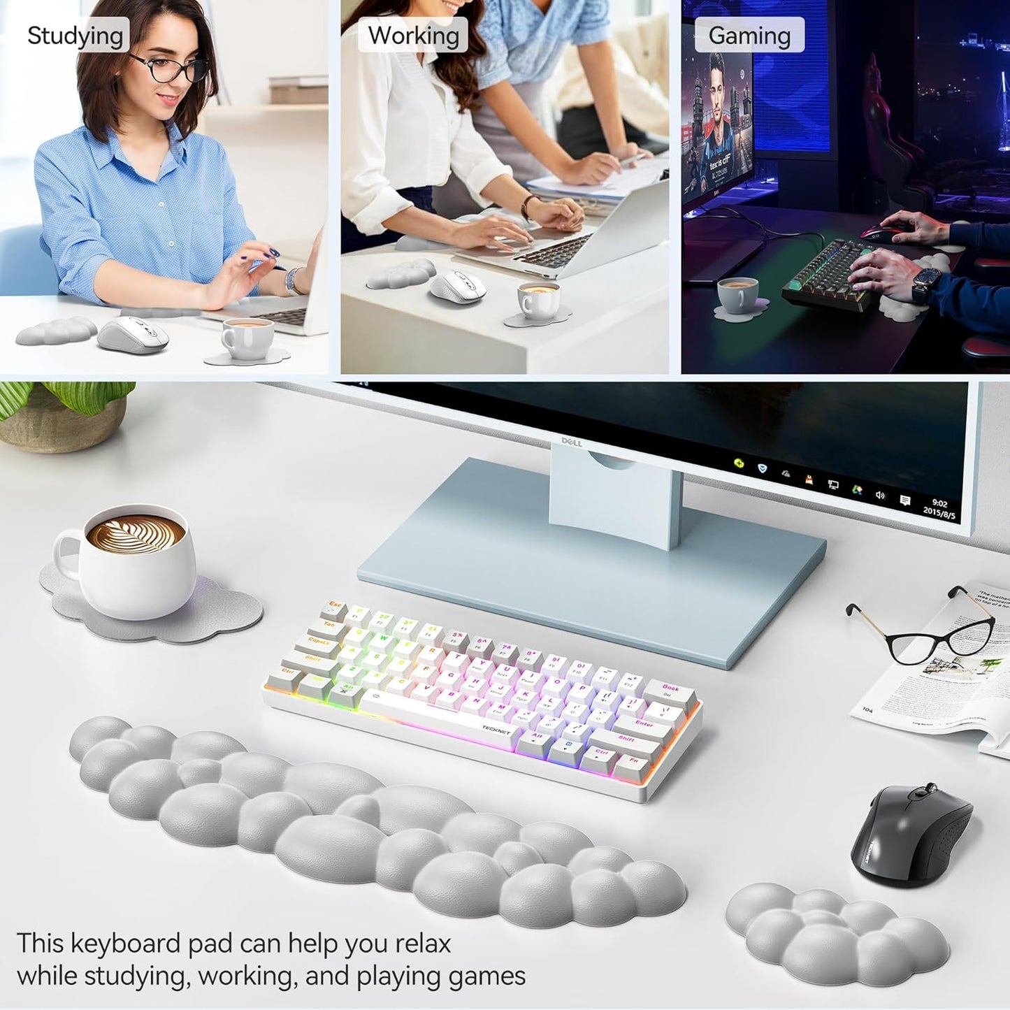 TECKNET Cloud Keyboard Wrist Rest Set, Cloud Wrist Rest with Non-Slip Base, PU Leather Wrist Pad for Keyboard with Ergonomic Memory Foam for Computer Laptop Office Gaming and Pain Relief, White