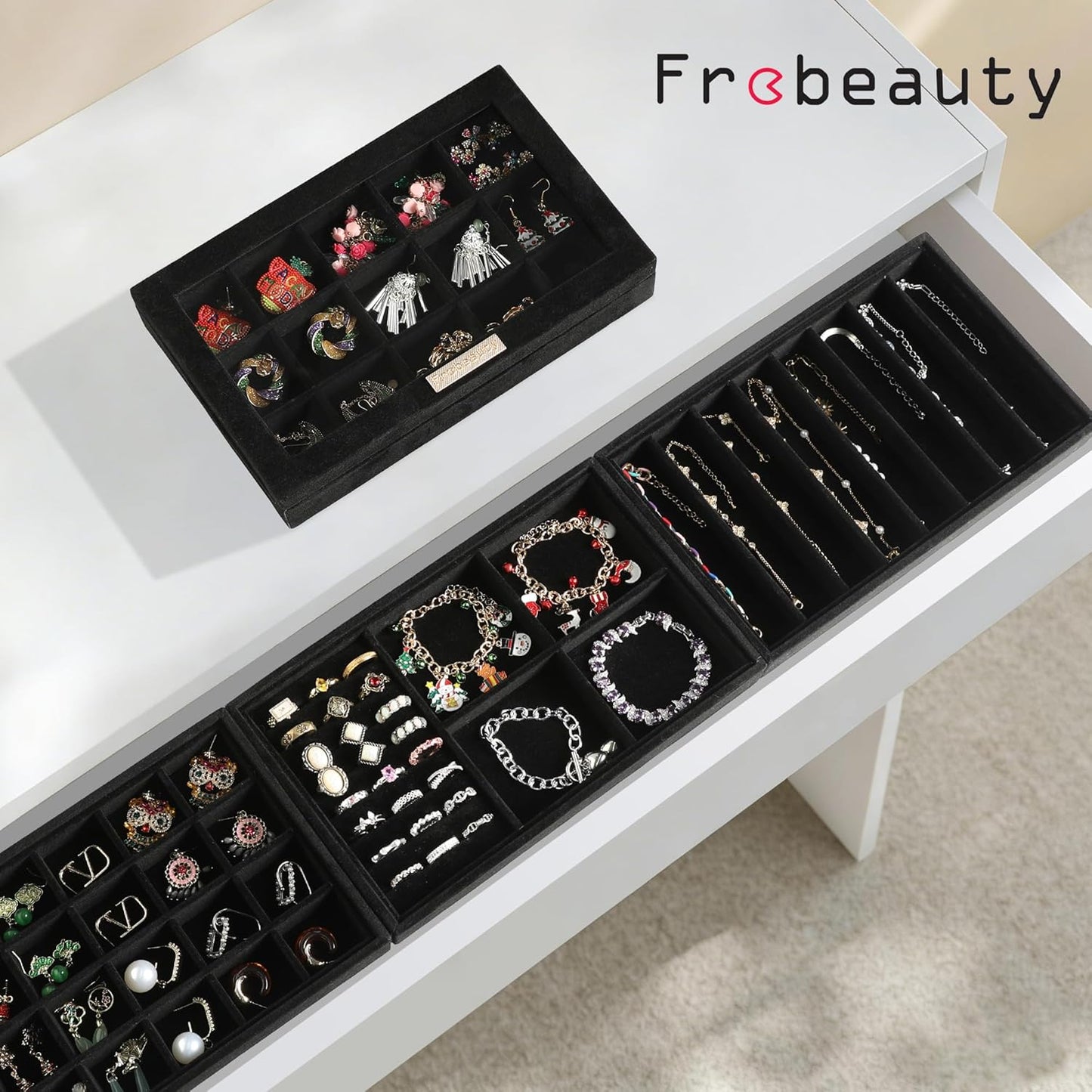 Frebeauty Stackable Jewelry Trays, Velvet Drawer Jewelry Organizer with Glass Lid,5 in 1 Multi-Functional Jewelry Storage for Earrings Necklaces Rings, 10.5 x 6.5 x 5.55 Inches Gift for Women(Beige)
